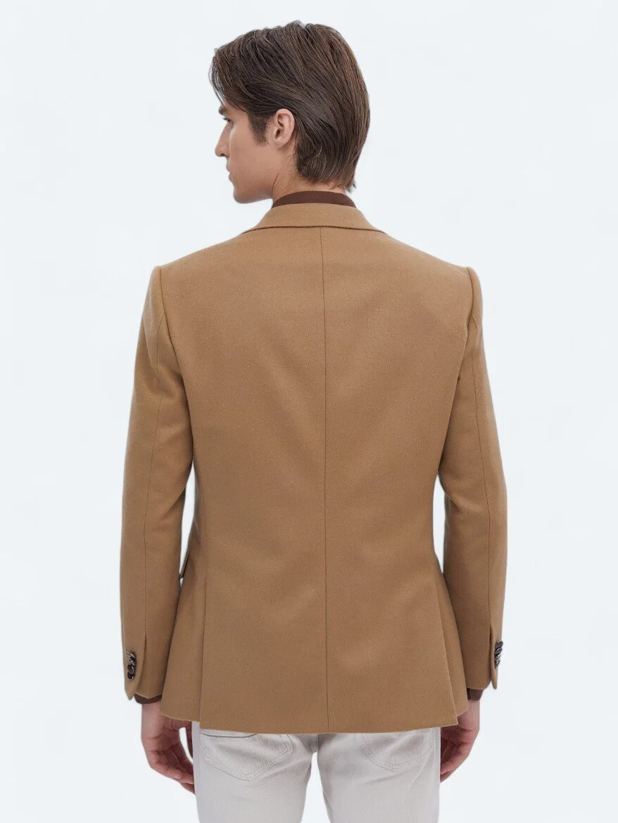 Buff Plain Wool Blended Jacket - 6