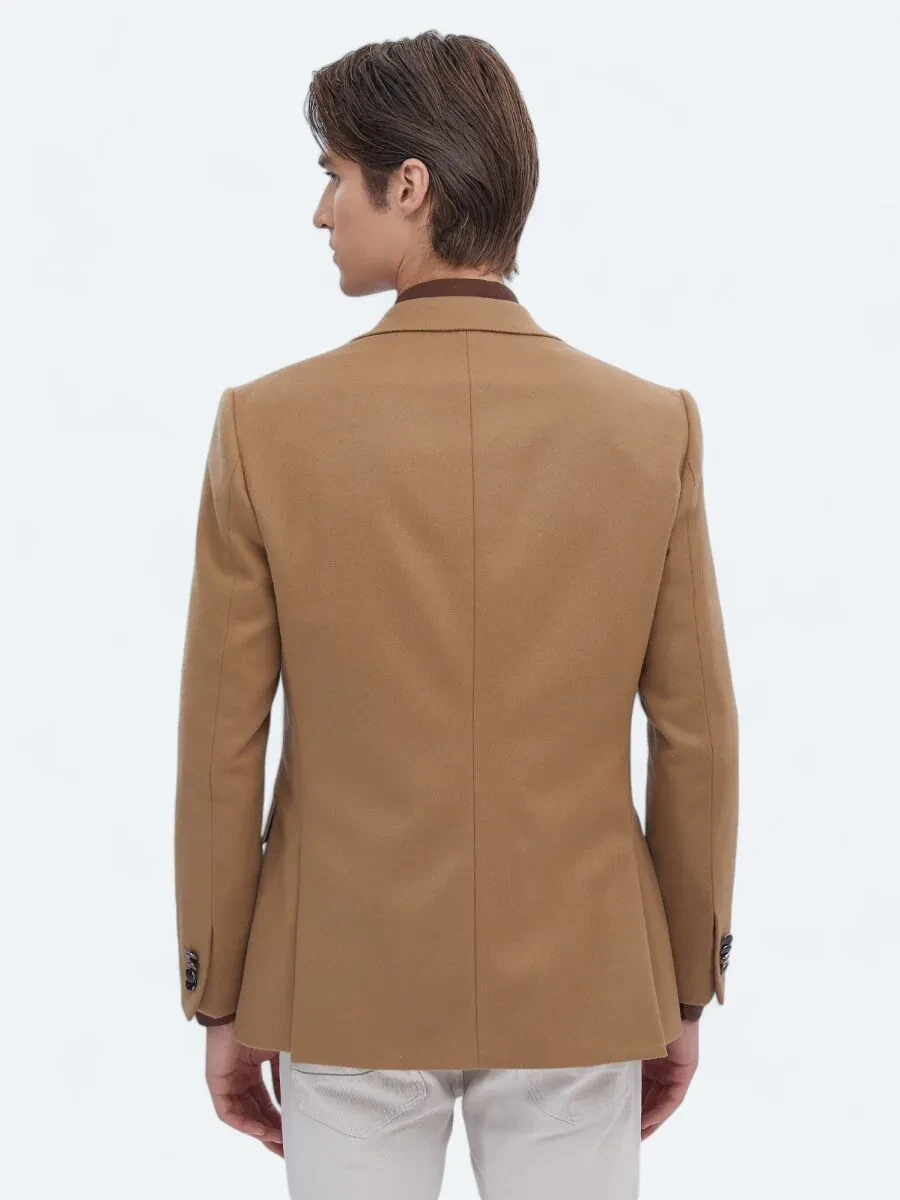 Buff Plain Wool Blended Jacket - 6