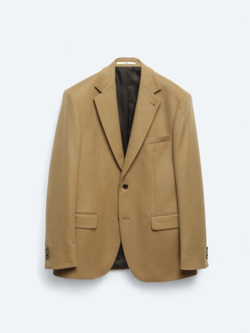 Buff Plain Wool Blended Jacket - 7
