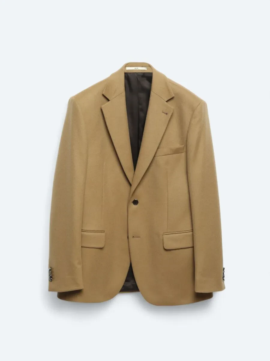 Buff Plain Wool Blended Jacket - 7