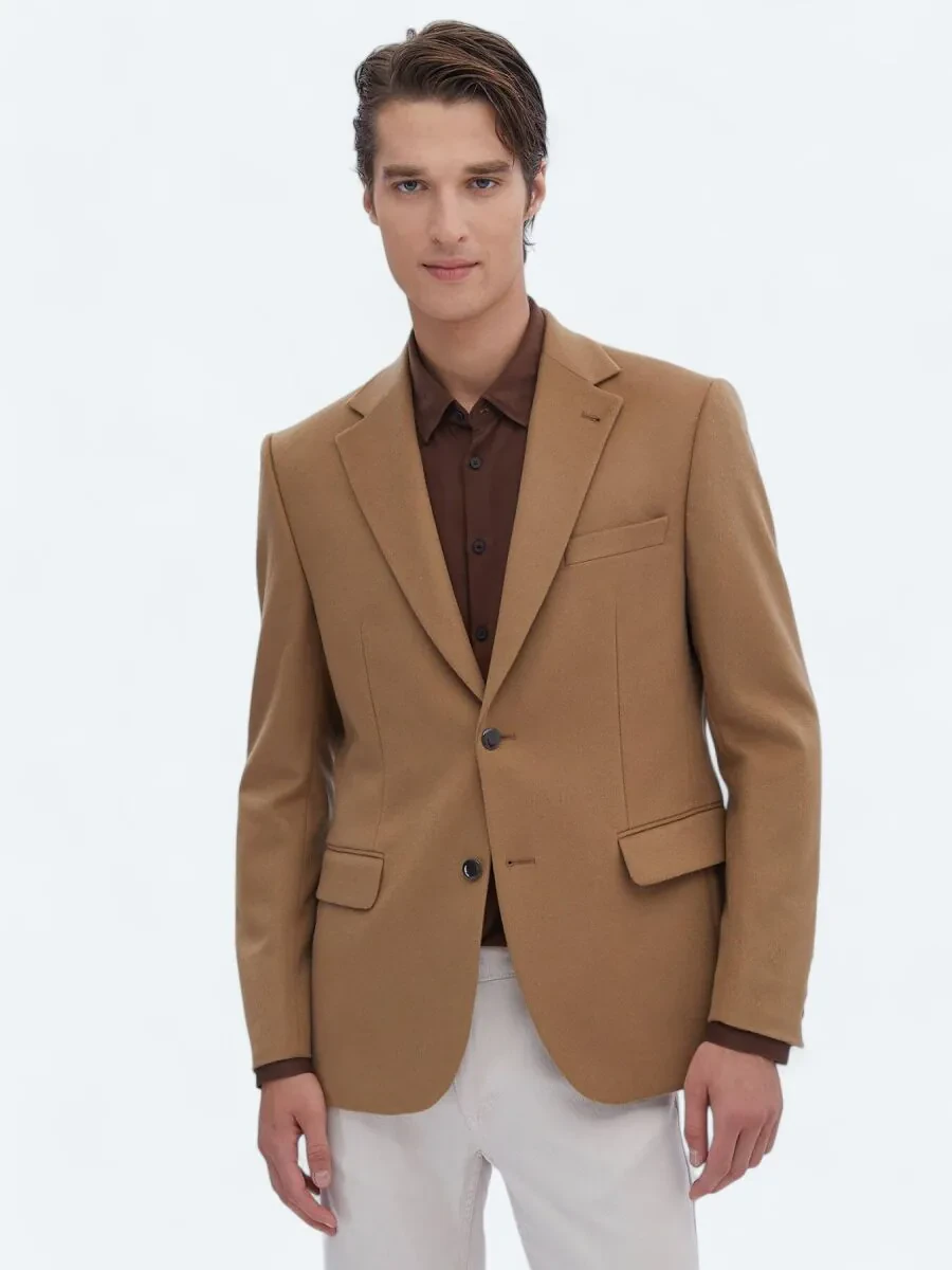 Buff Plain Wool Blended Jacket - 2