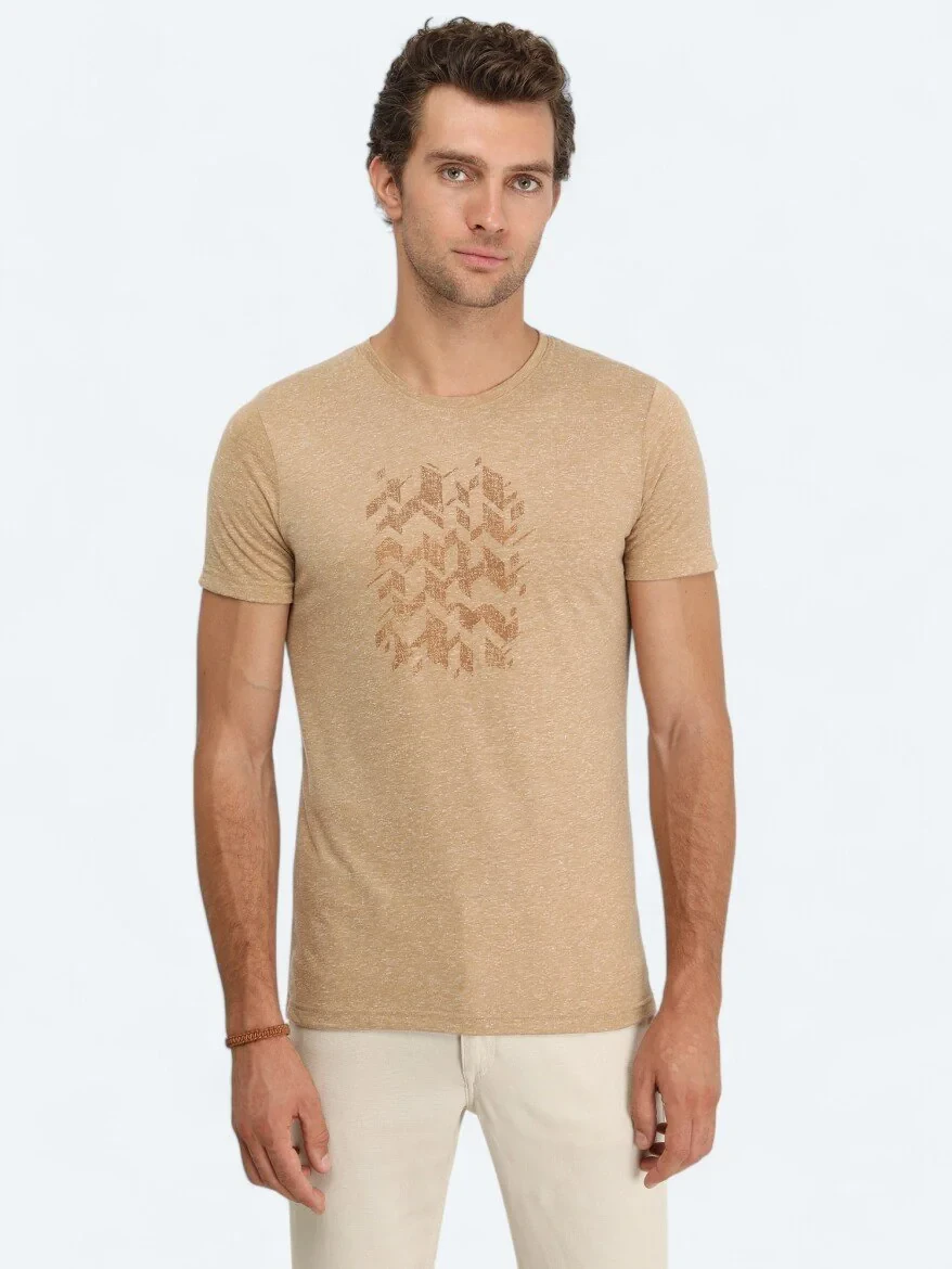 Buff Printed Crew Neck Linen Blended T-Shirt - 1