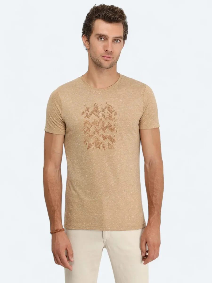 Buff Printed Crew Neck Linen Blended T-Shirt - 1
