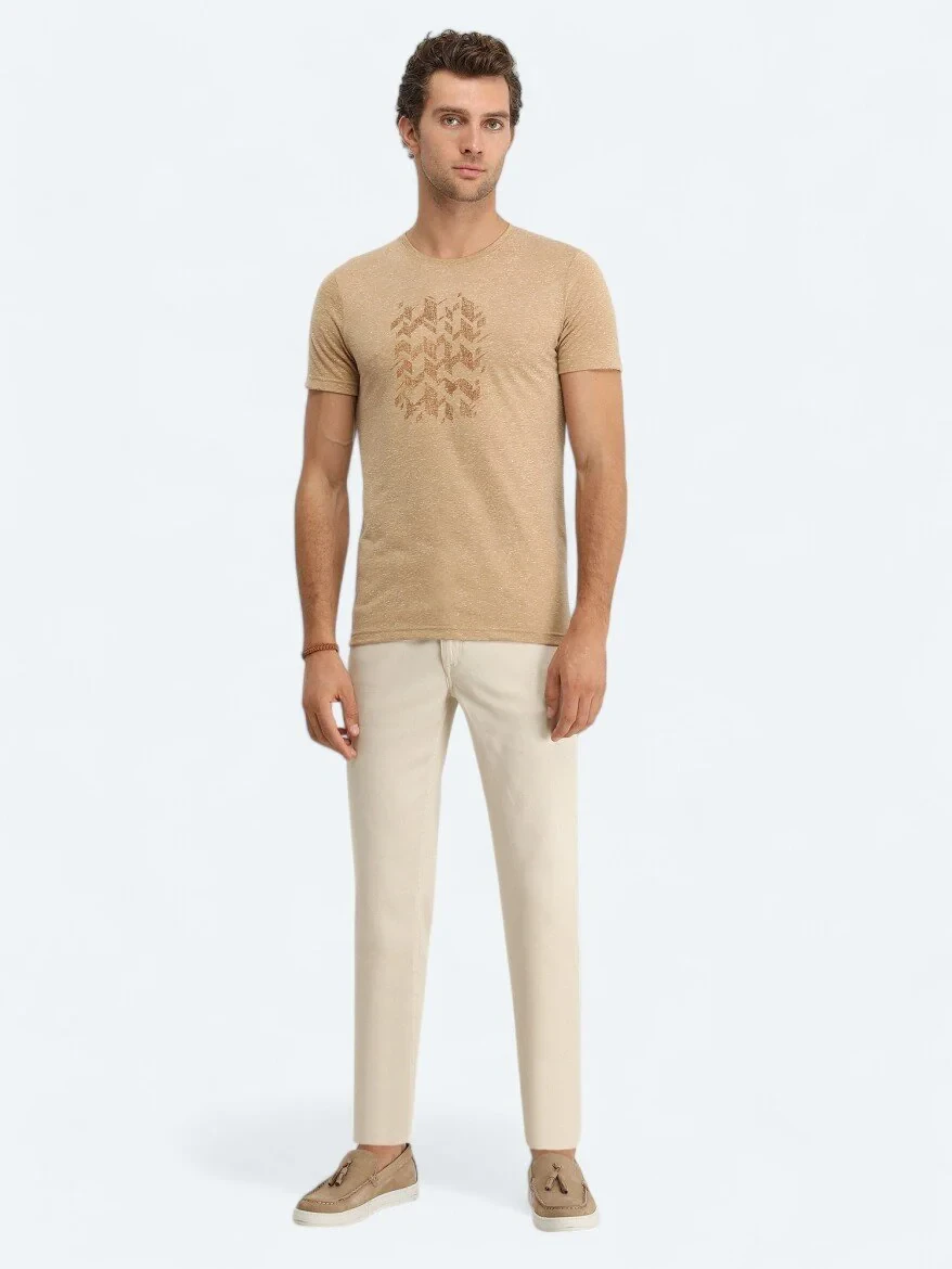 Buff Printed Crew Neck Linen Blended T-Shirt - 2