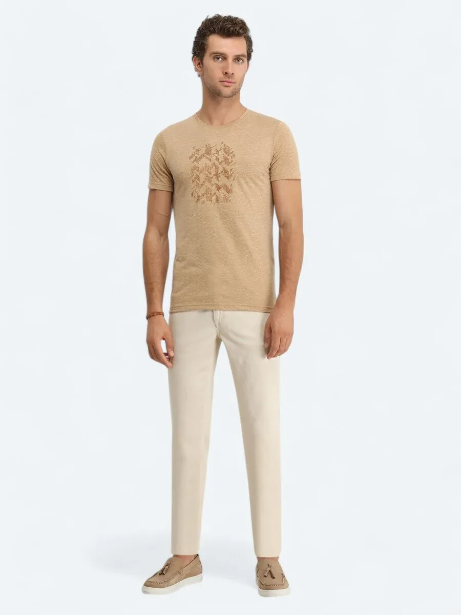 Buff Printed Crew Neck Linen Blended T-Shirt - 2