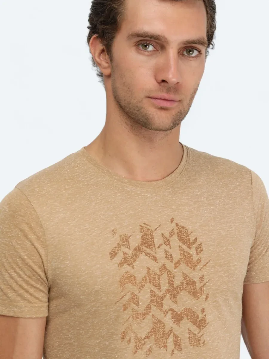 Buff Printed Crew Neck Linen Blended T-Shirt - 3