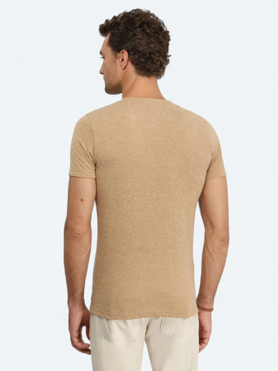 Buff Printed Crew Neck Linen Blended T-Shirt - 4