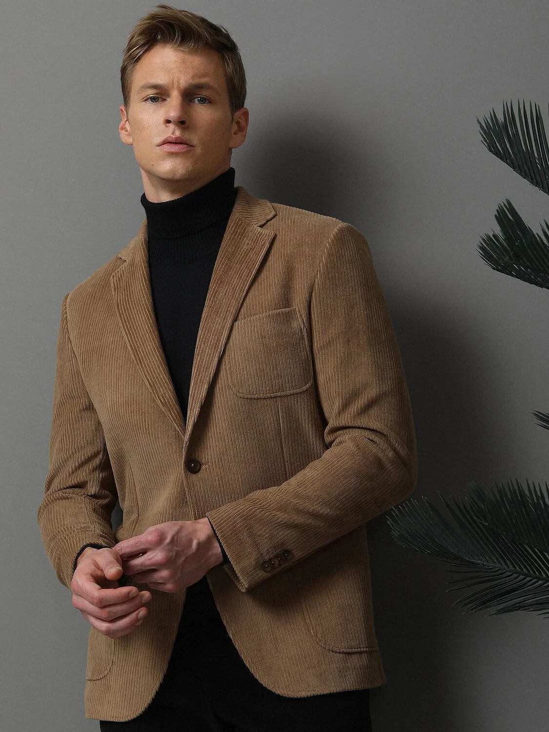 Buff Ribbed Modern Fit Cotton Blended Jacket - 4