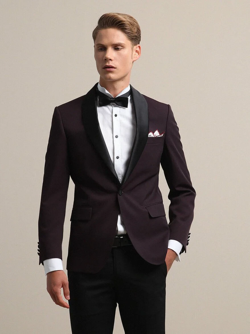 Burgundy Slim Fit Removable Shawl Collar Weaving Tuxedo - 1