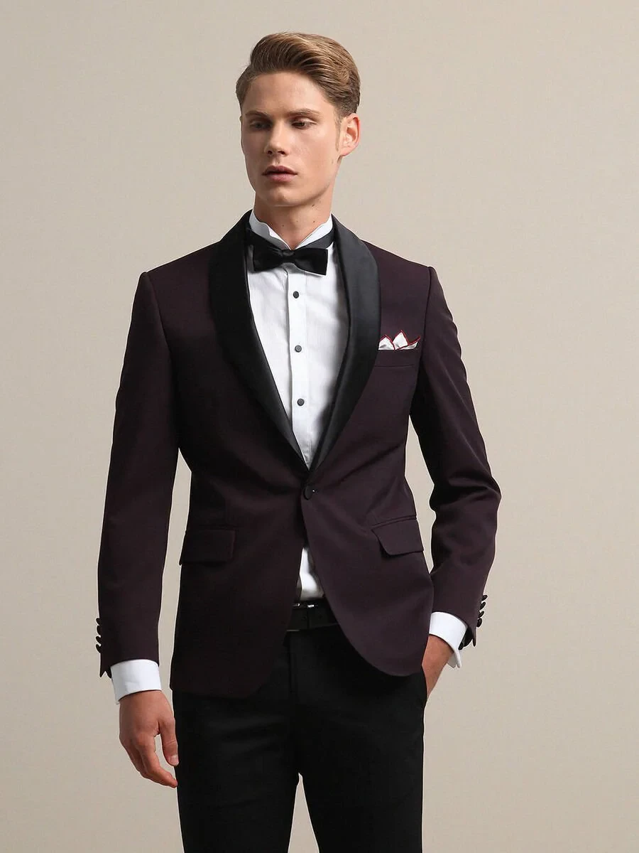 Burgundy Slim Fit Removable Shawl Collar Weaving Tuxedo - 1