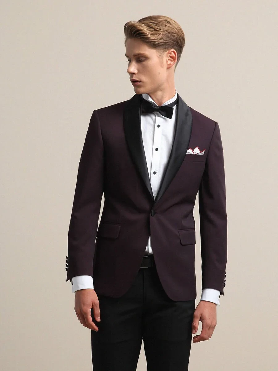 Burgundy Slim Fit Removable Shawl Collar Weaving Tuxedo - 2