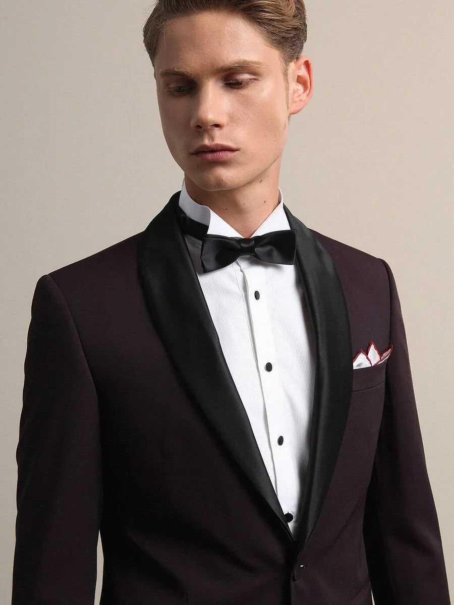 Burgundy Slim Fit Removable Shawl Collar Weaving Tuxedo - 3
