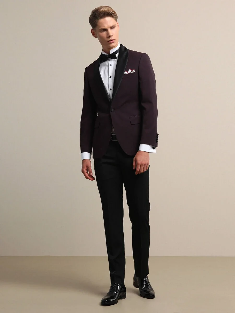 Burgundy Slim Fit Removable Shawl Collar Weaving Tuxedo - 4