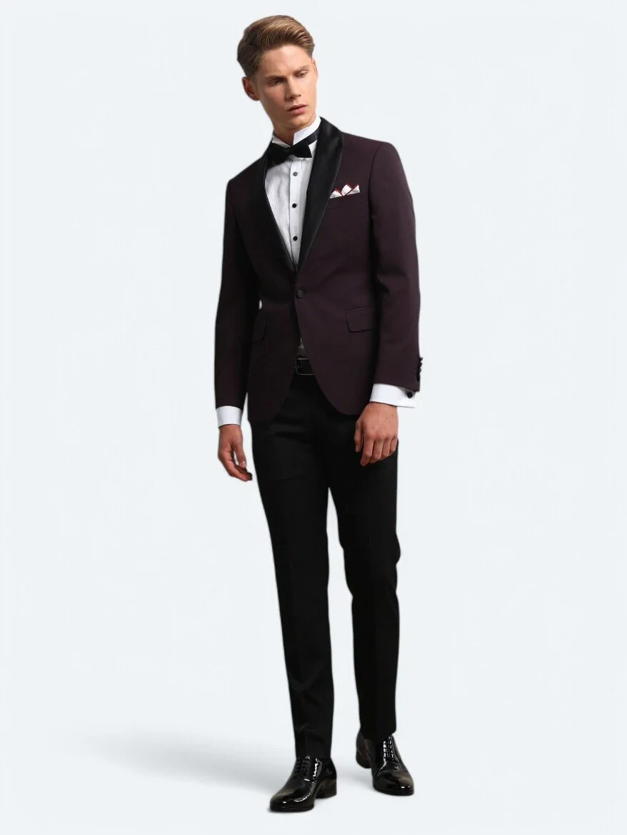Burgundy Slim Fit Shawl Collar Weaving Tuxedo - 1