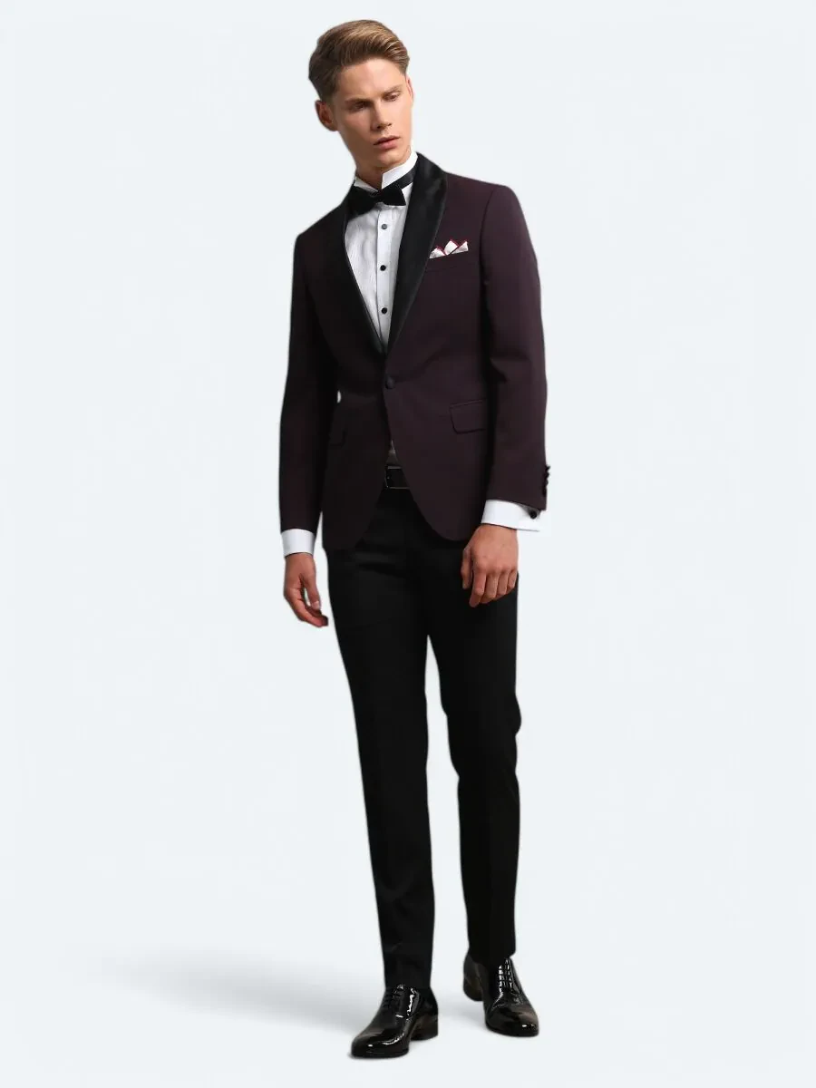 Burgundy Slim Fit Shawl Collar Weaving Tuxedo - 1