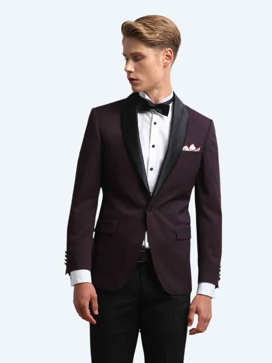 Burgundy Slim Fit Shawl Collar Weaving Tuxedo - 2
