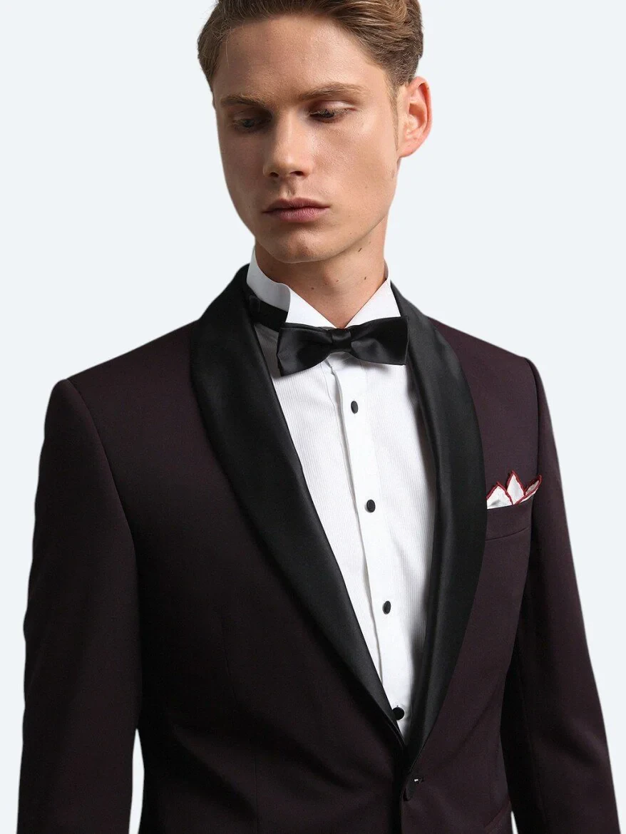 Burgundy Slim Fit Shawl Collar Weaving Tuxedo - 3