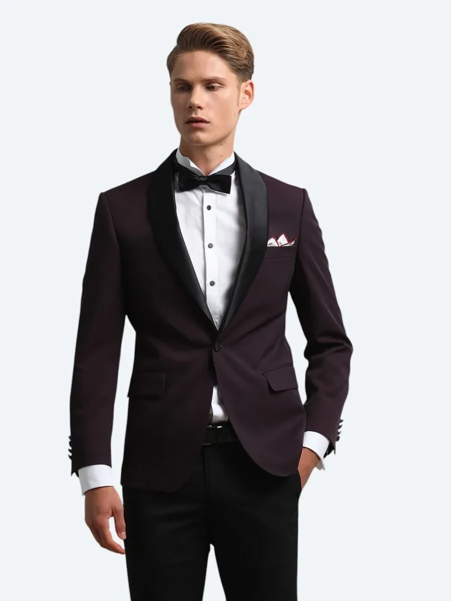 Burgundy Slim Fit Shawl Collar Weaving Tuxedo - 4