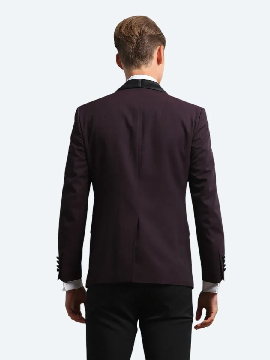 Burgundy Slim Fit Shawl Collar Weaving Tuxedo - 5