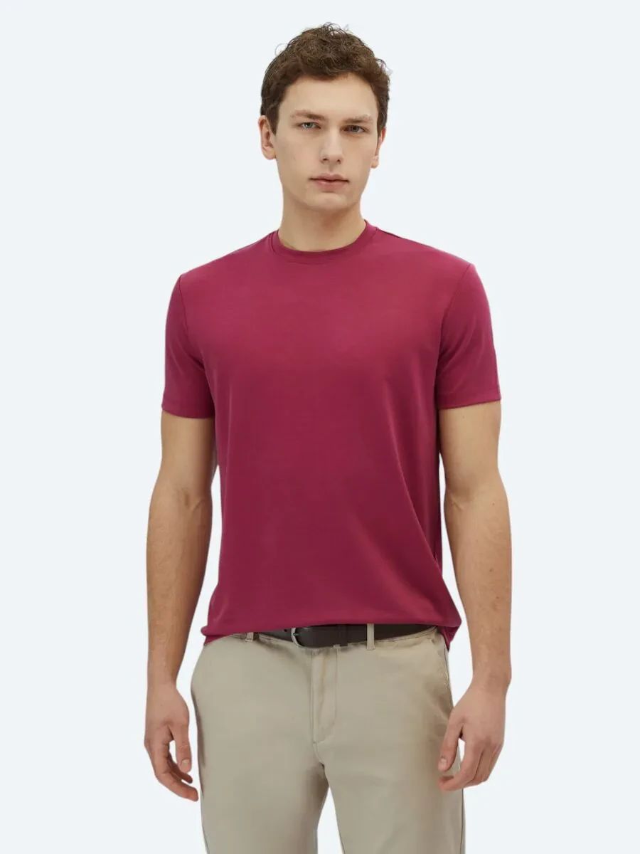 Damson Color Plain Crew Neck T-Shirt - 1