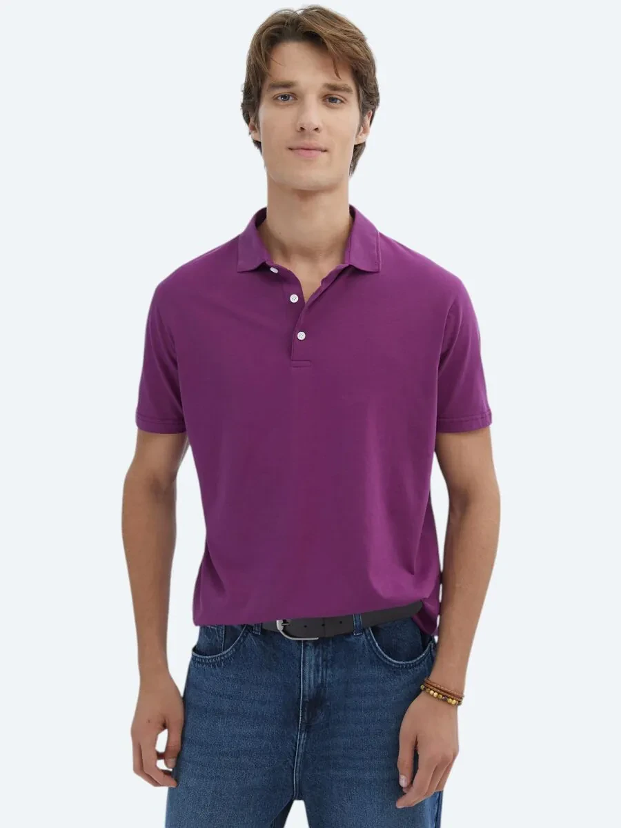Damson Color Plain Polo Neck 100% Cotton T-Shirt - 1