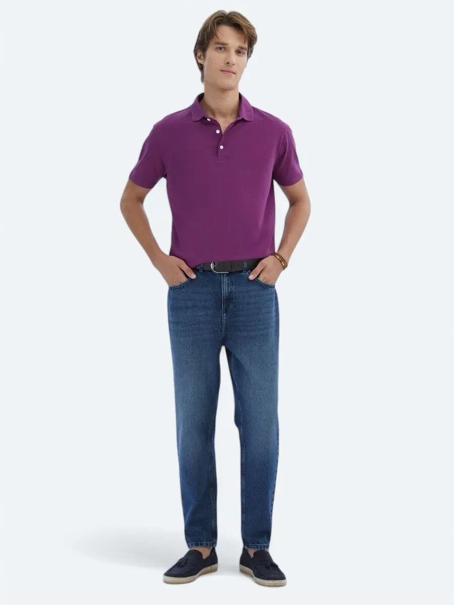 Damson Color Plain Polo Neck 100% Cotton T-Shirt - 2