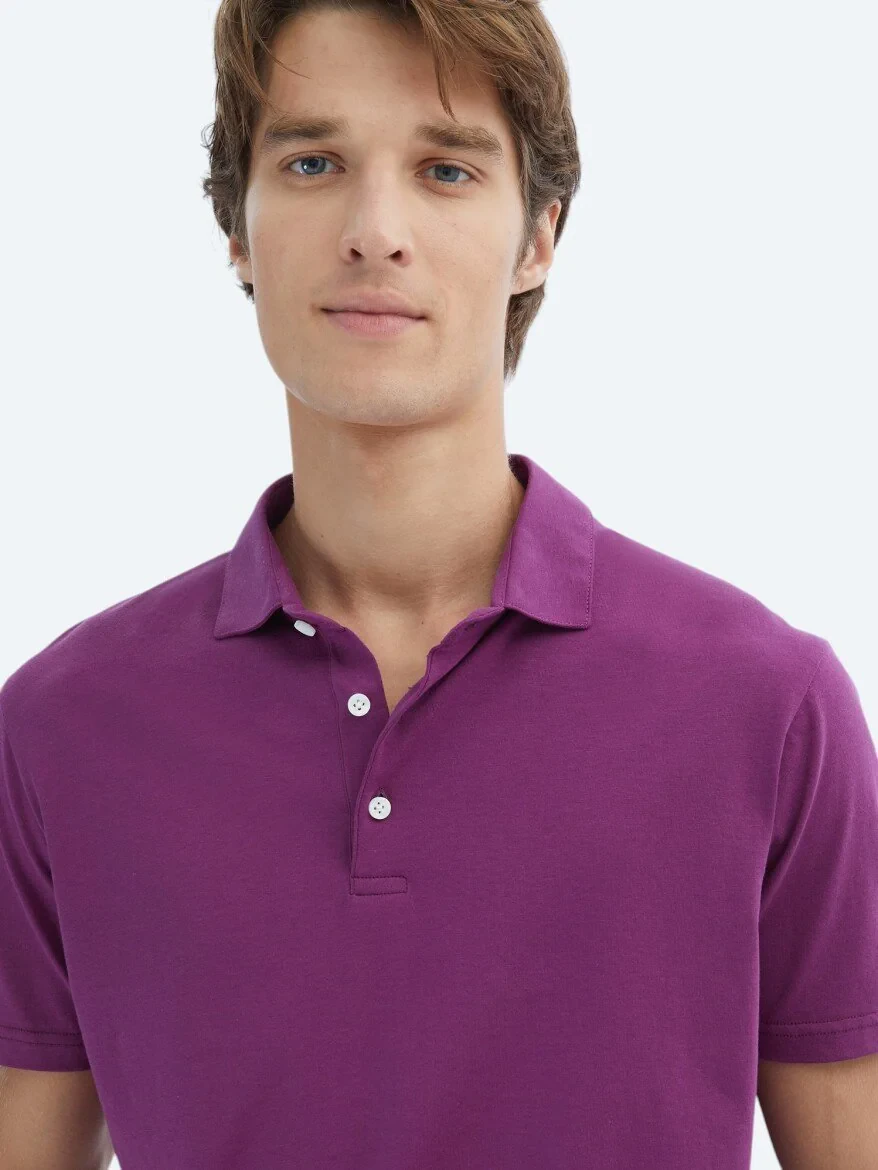 Damson Color Plain Polo Neck 100% Cotton T-Shirt - 3