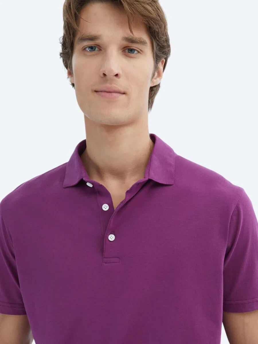 Damson Color Plain Polo Neck 100% Cotton T-Shirt - 3