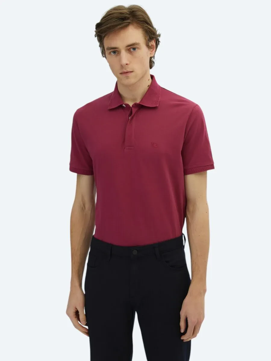 Damson Color Plain Polo Neck 100% Cotton T-Shirt - 1