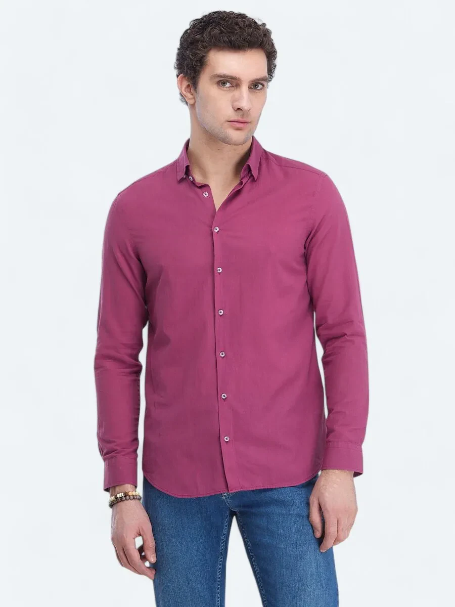 Damson Color Plain Regular Fit Weaving Casual 100% Cotton Shirt - 1