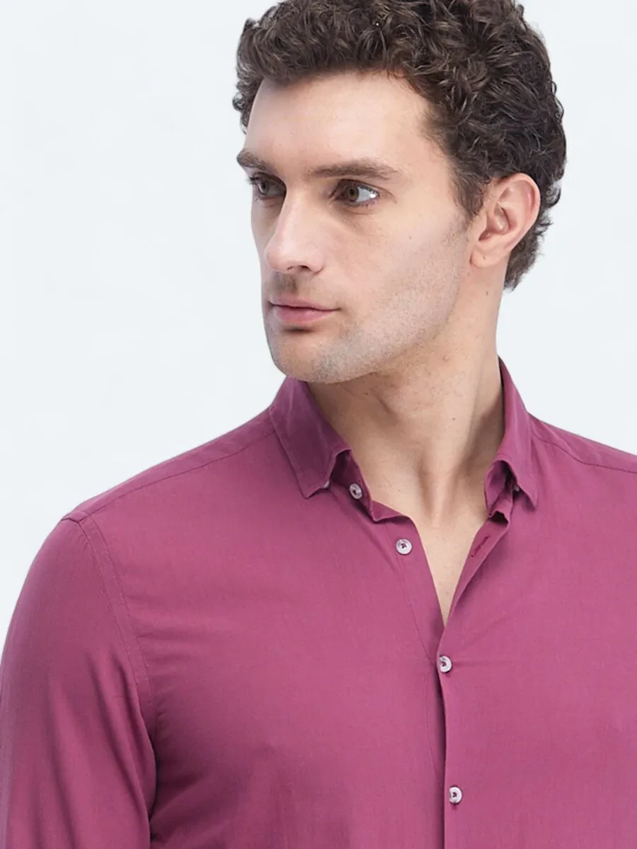 Damson Color Plain Regular Fit Weaving Casual 100% Cotton Shirt - 4