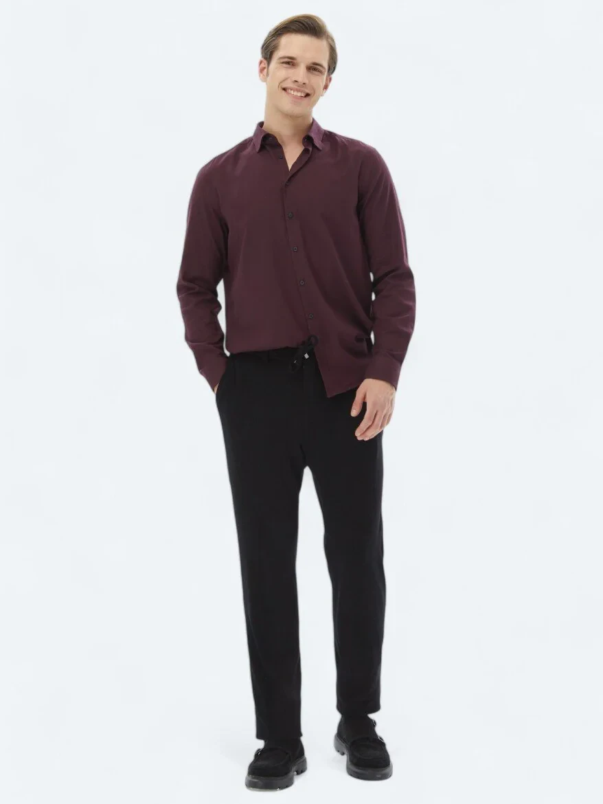 Damson Color Plain Regular Fit Weaving Casual Cotton Blended Shirt - 2
