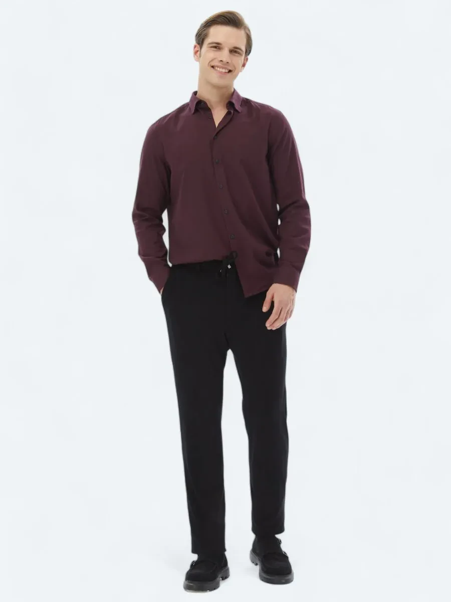 Damson Color Plain Regular Fit Weaving Casual Cotton Blended Shirt - 2