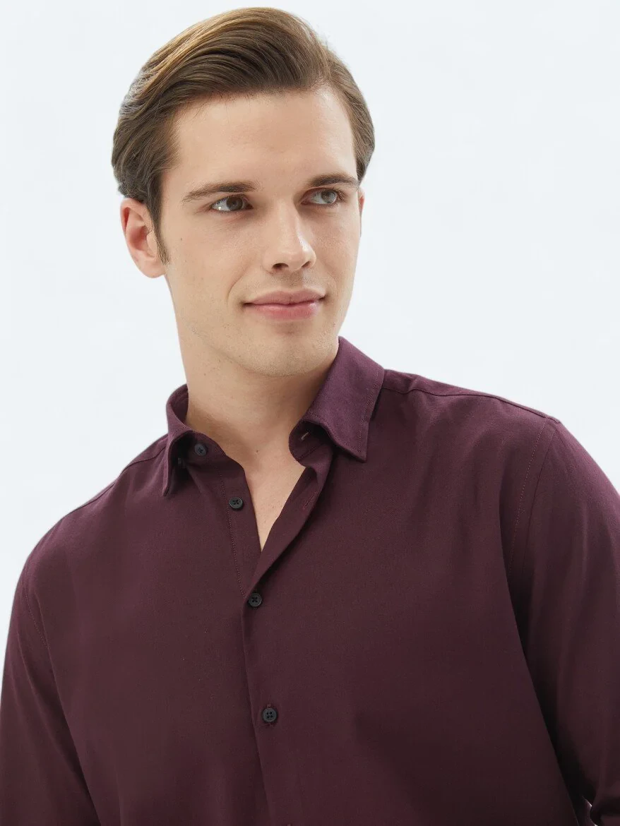 Damson Color Plain Regular Fit Weaving Casual Cotton Blended Shirt - 3