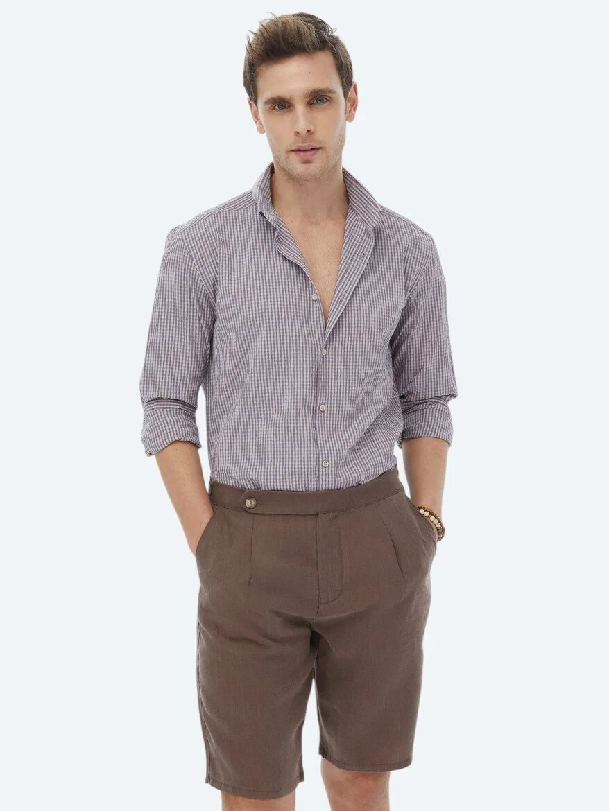 Damson Color Regular Fit Weaving Casual Cotton Blended Shirt - 1