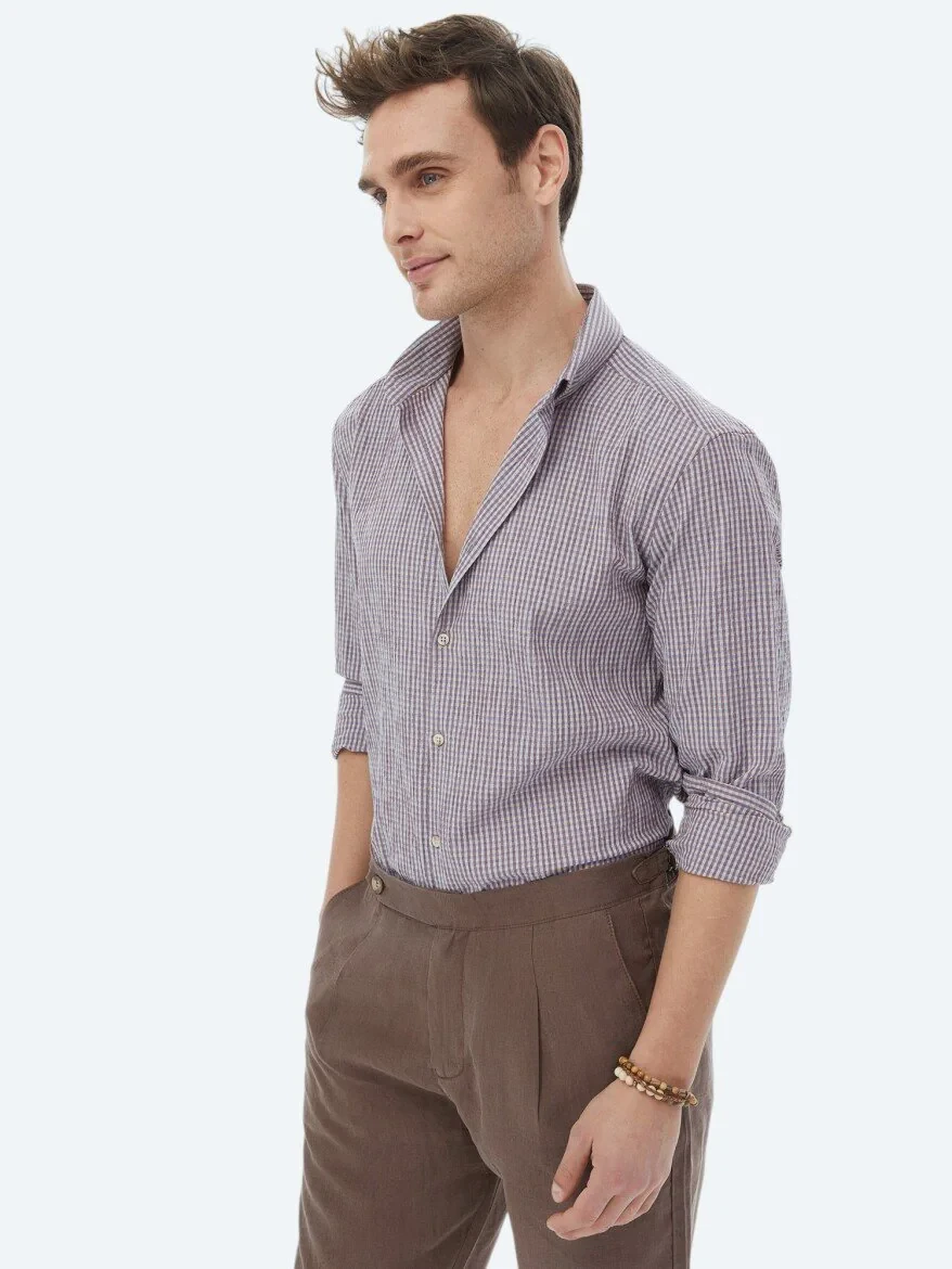 Damson Color Regular Fit Weaving Casual Cotton Blended Shirt - 3