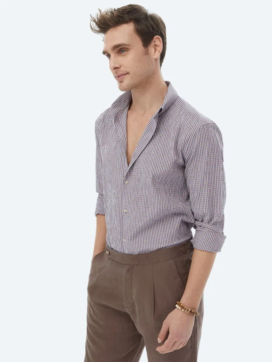 Damson Color Regular Fit Weaving Casual Cotton Blended Shirt - 3