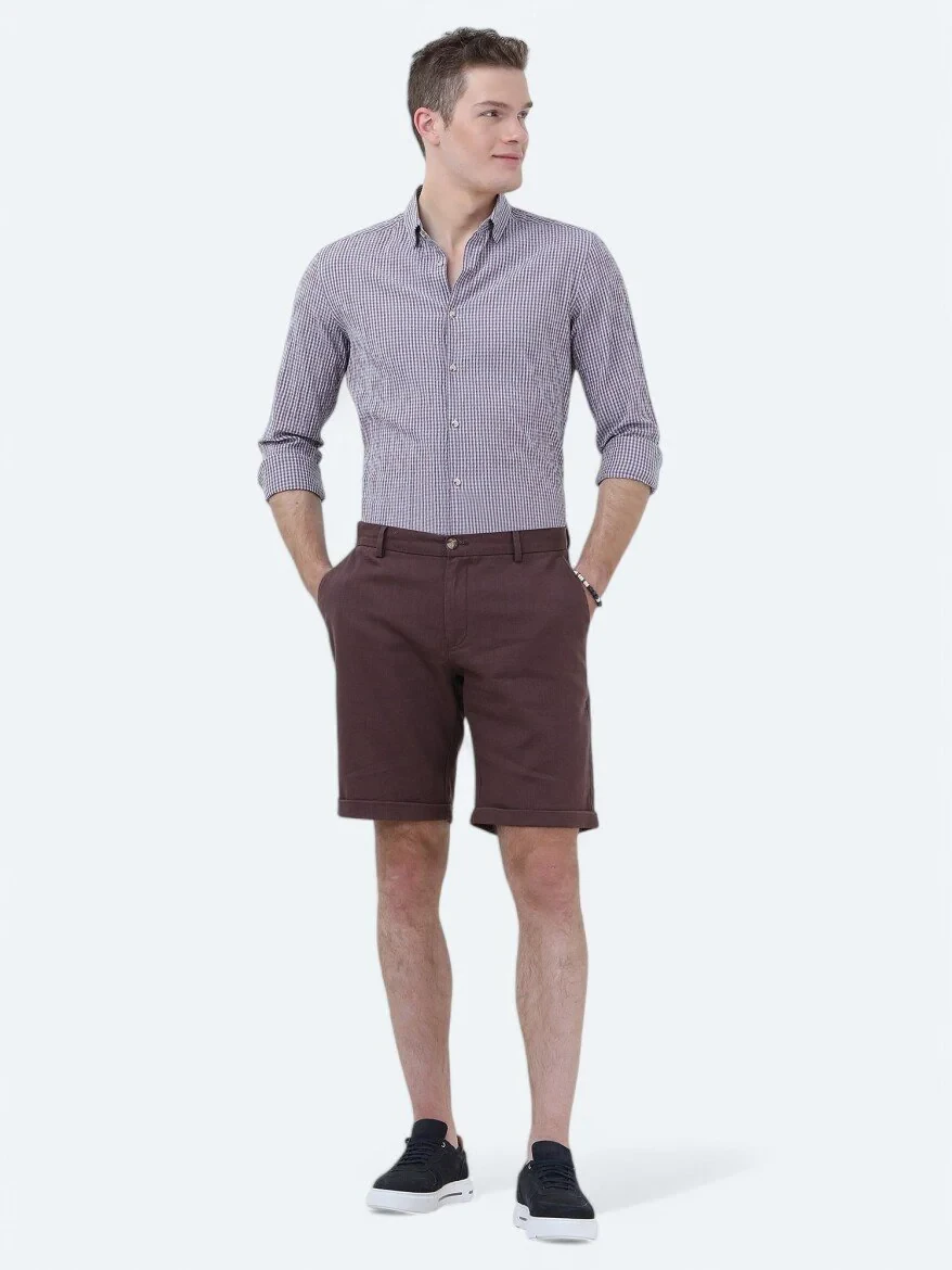 Damson Color Weaving Slim Fit Casual Bermuda - 3