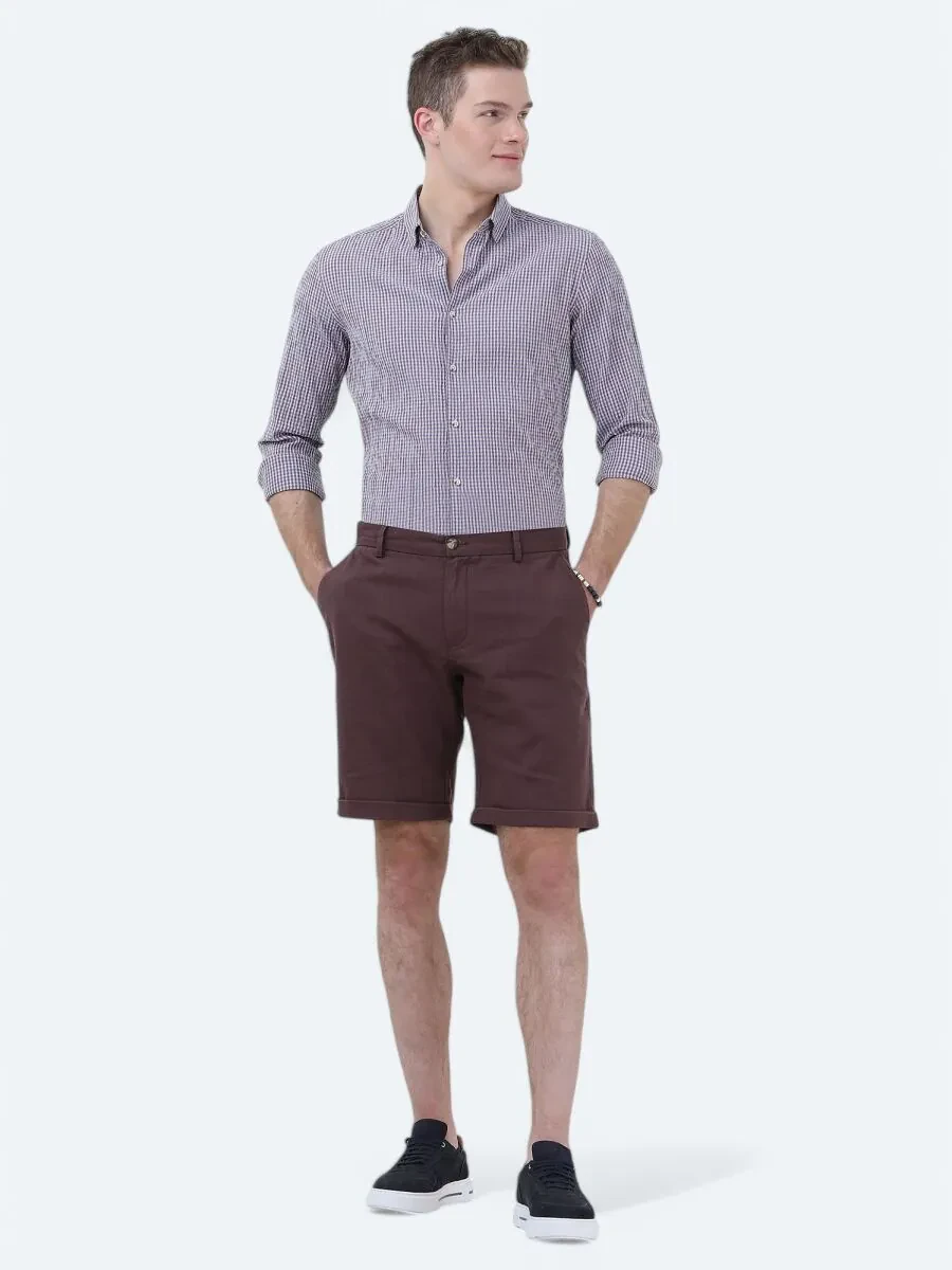Damson Color Weaving Slim Fit Casual Bermuda - 3