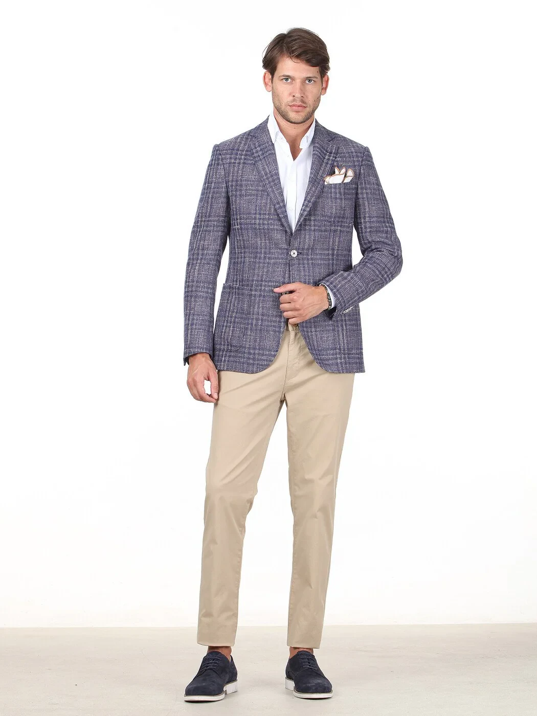 Dark Blue Checkered Modern Fit Cotton Blended Jacket - 3