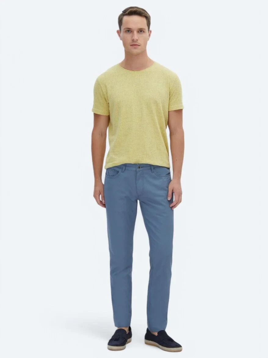 Dark Blue Denim Slim Fit Casual Cotton Blended Trousers - 1