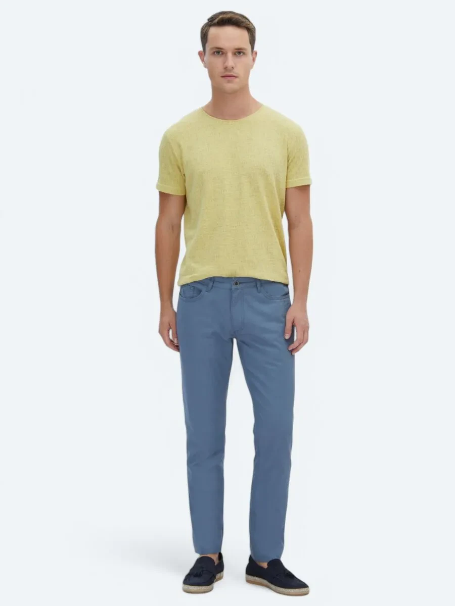 Dark Blue Denim Slim Fit Casual Cotton Blended Trousers - 1