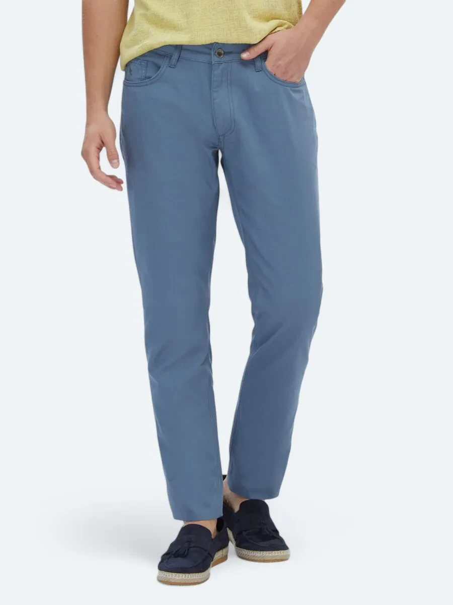 Dark Blue Denim Slim Fit Casual Cotton Blended Trousers - 2
