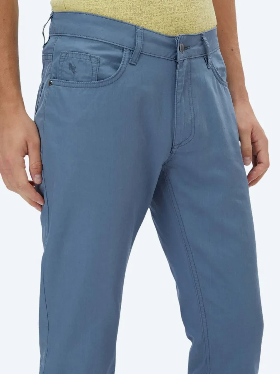 Dark Blue Denim Slim Fit Casual Cotton Blended Trousers - 3