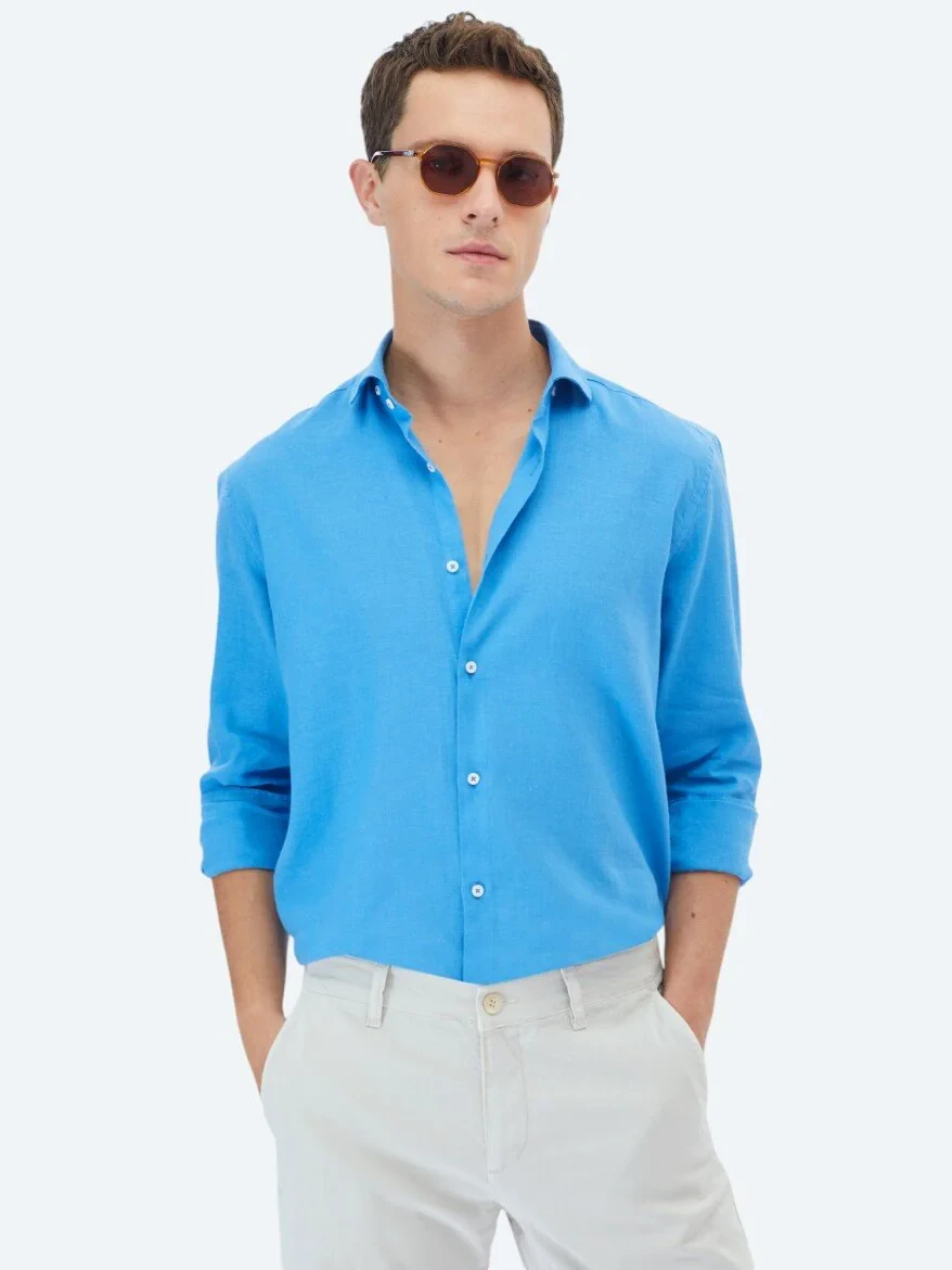 Dark Blue Plain Regular Fit Weaving Casual Cotton Blended Shirt - 1
