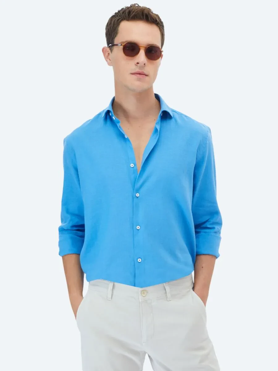 Dark Blue Plain Regular Fit Weaving Casual Cotton Blended Shirt - 1