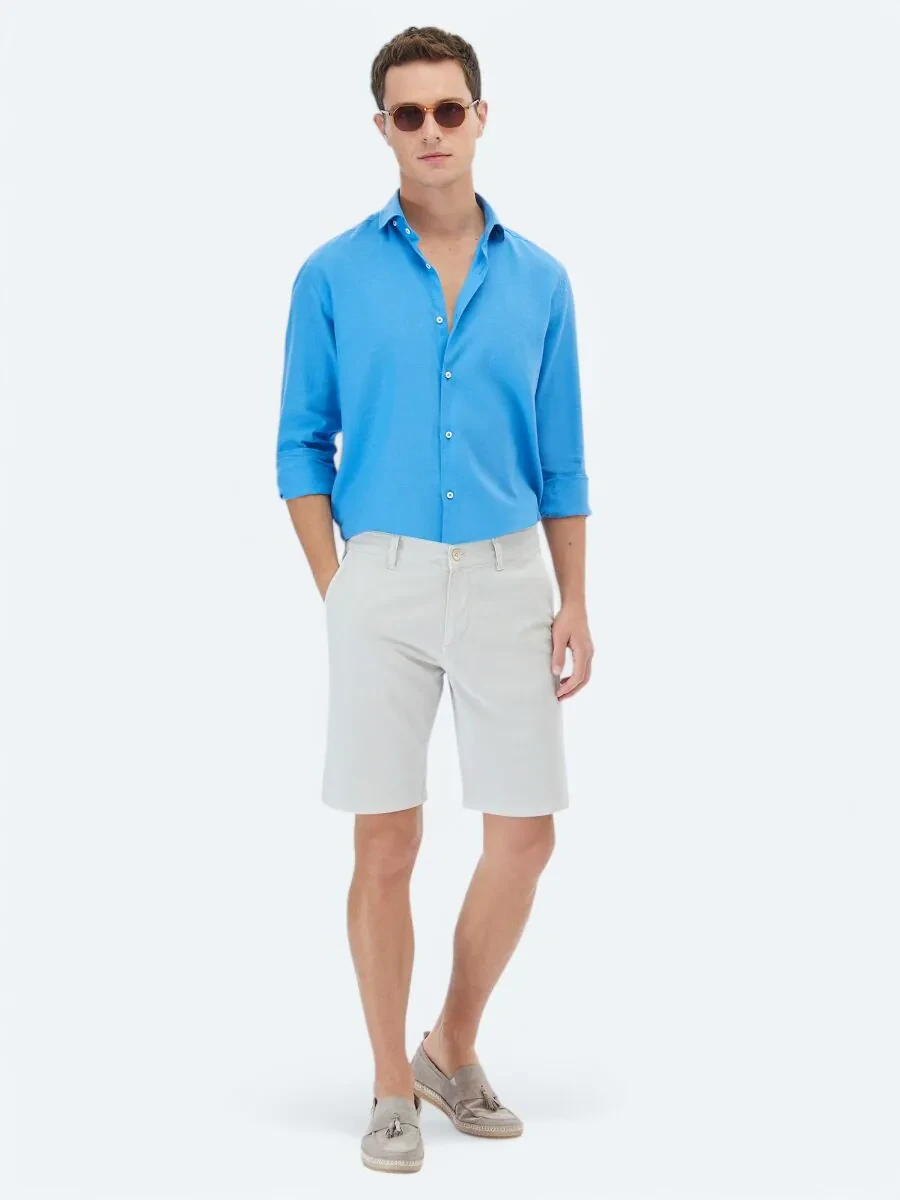 Dark Blue Plain Regular Fit Weaving Casual Cotton Blended Shirt - 2