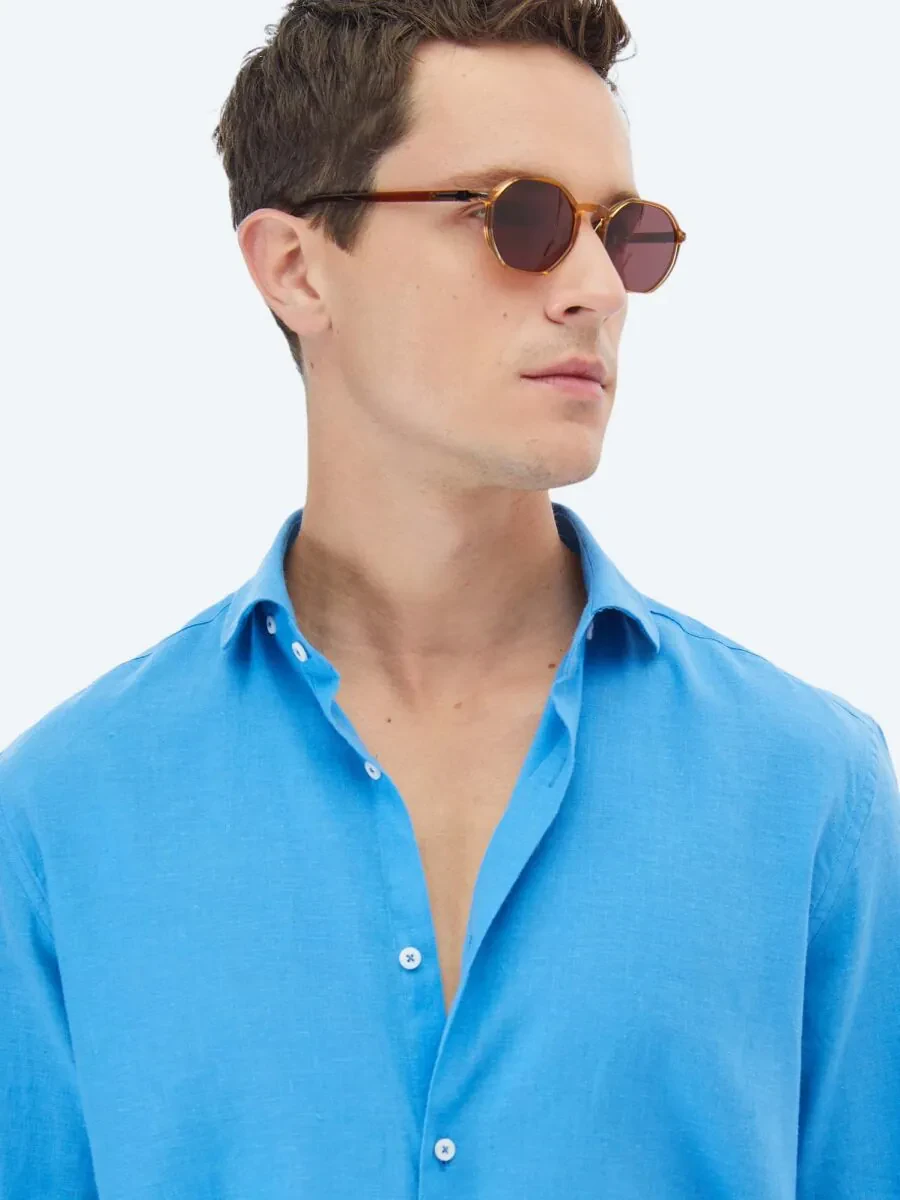 Dark Blue Plain Regular Fit Weaving Casual Cotton Blended Shirt - 3