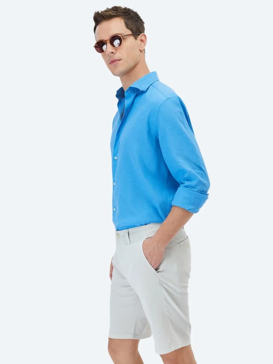 Dark Blue Plain Regular Fit Weaving Casual Cotton Blended Shirt 
