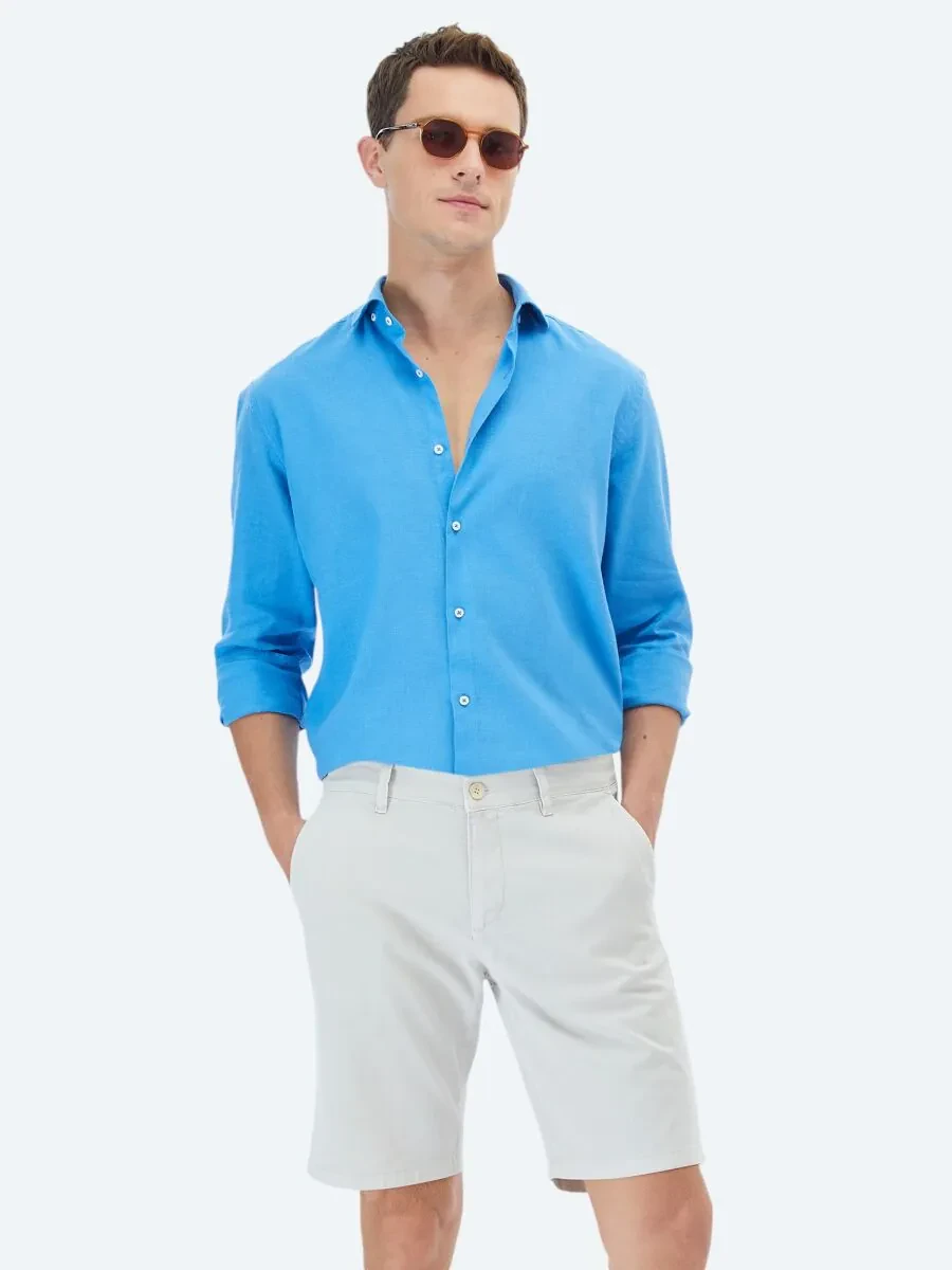 Dark Blue Plain Regular Fit Weaving Casual Cotton Blended Shirt - 5